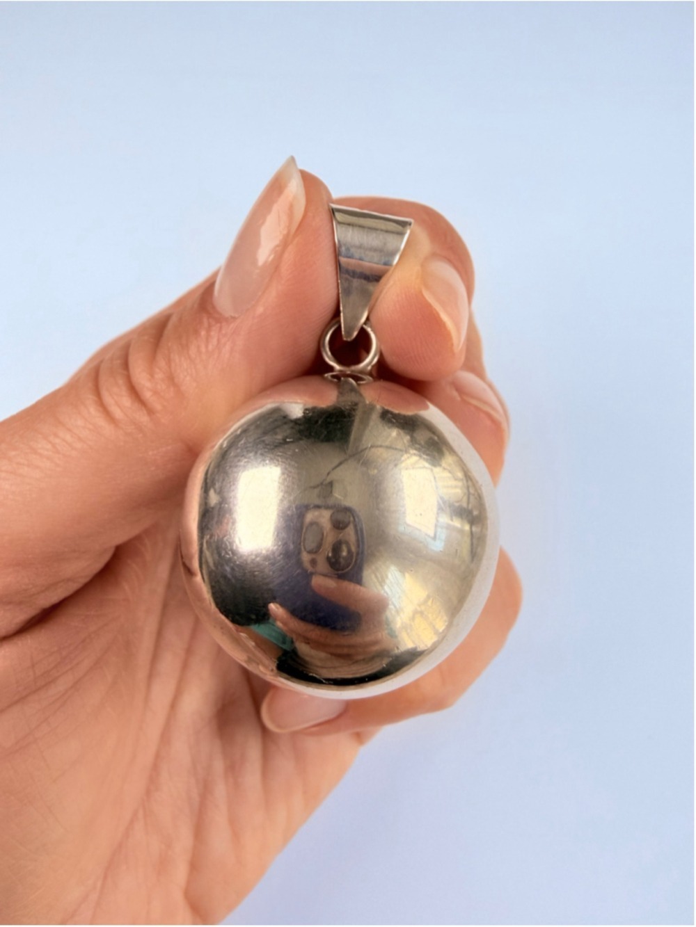 Modernist Bol Bell Sphere Rattle 925 Sterling Silver Necklace 1.7" VTG Pendant